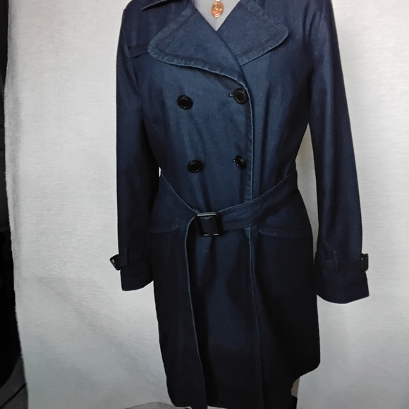 Focus 2000 Dark Blue Jean Size 12 Vintage Duster Length Coat Belted - Picture 2 of 12